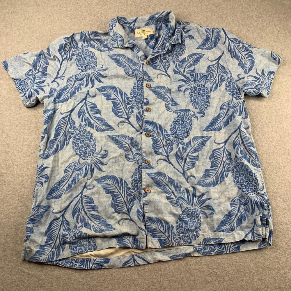 Island Shores Button Up Shirt Mens XXL Blue Pineapple Silk Tropical Camp Collar
